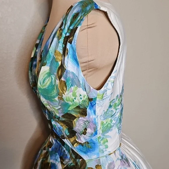 True Vintage Alix Of Miami 1950s Fit And Flare Floral Dress Blue, Green Cupcake - Picture 10 of 17